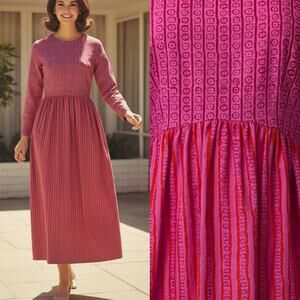 RARE Marimekko Pink Kukkaraita Design Vuokko Nurmesniemi 60s Cotton Maxi Dress